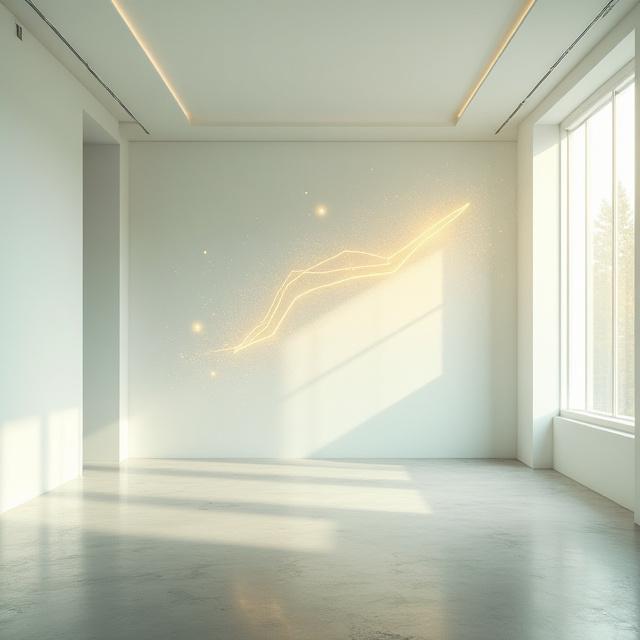 Abstract data visualization floating over art gallery floor